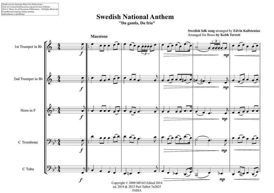 Swedish National & Royal Anthems for Brass Quintet (World National Anthem Series Brass Quintet scores gallery preview page 2