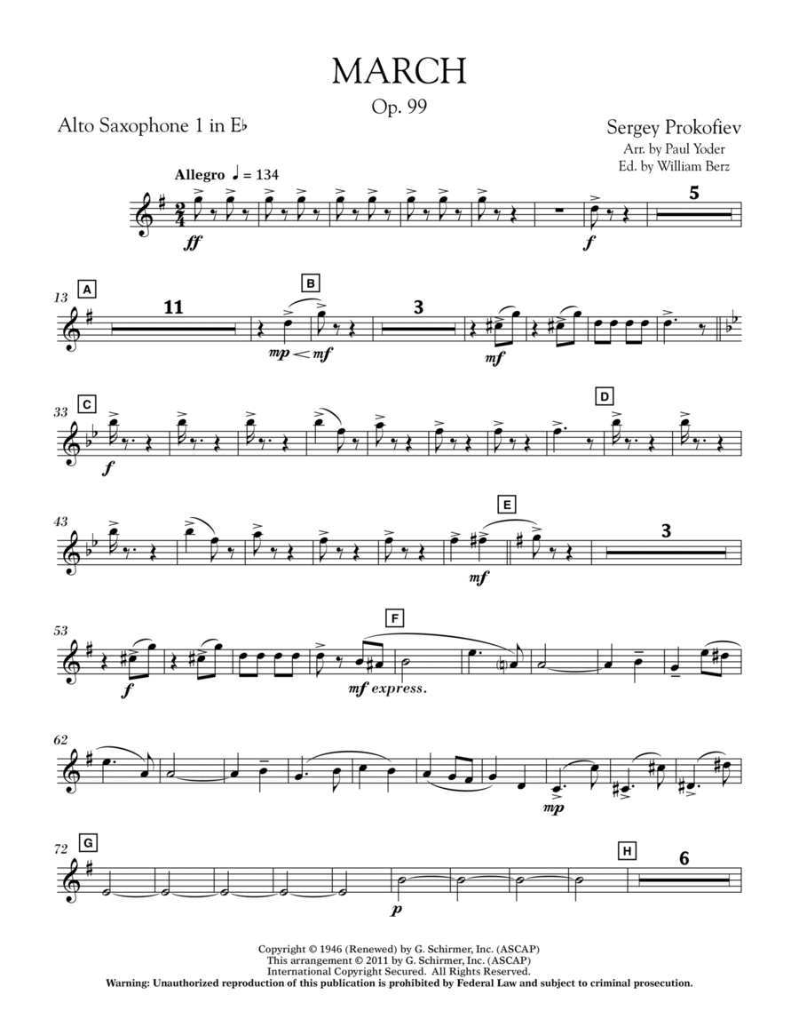 March, Op. 99 - Eb Alto Saxophone 1 Alto Saxophone scores gallery preview page 1