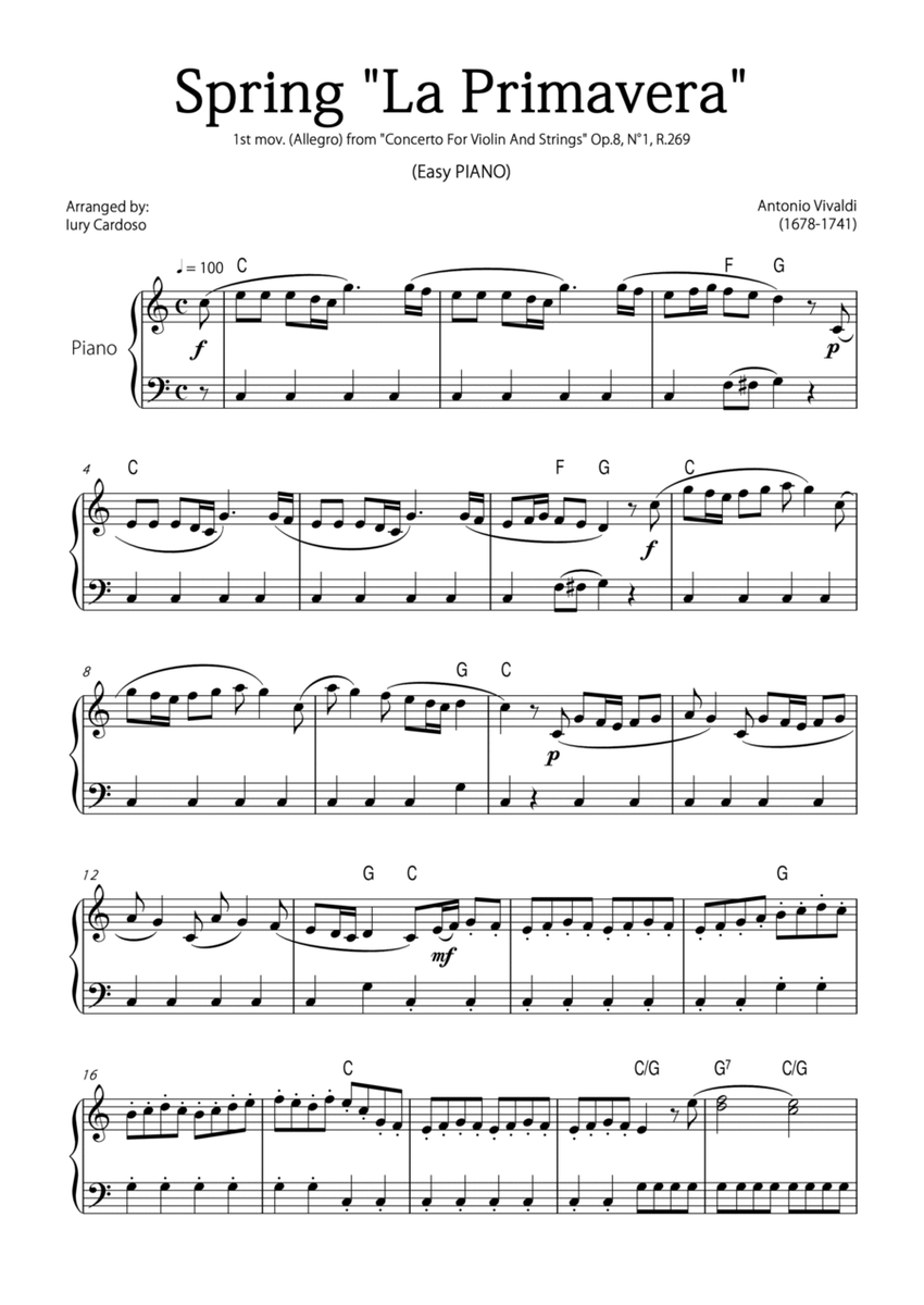 "Spring" (La Primavera) by Vivaldi - Easy version for PIANO SOLO image number null