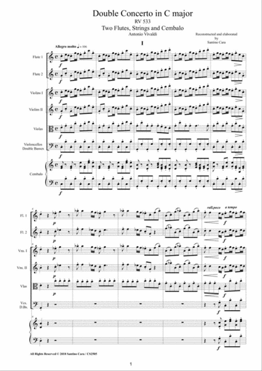 Vivaldi - Double Concerto in C major RV 533 for Two Flutes, Strings and Cembalo Woodwind Ensemble scores gallery preview page 1