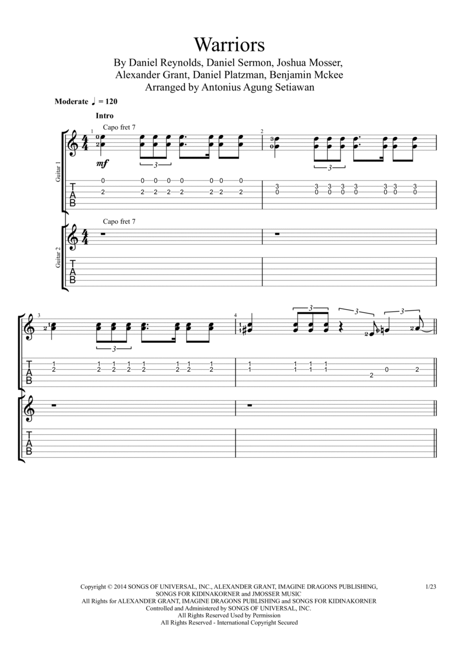 Warriors Guitar Tablature scores gallery preview page 1