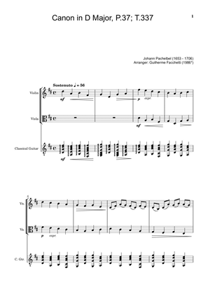 Book cover for Johann Pachelbel - Canon in D Major, P.37; T.337. Arrangement for Violin, Viola and Classical Guitar