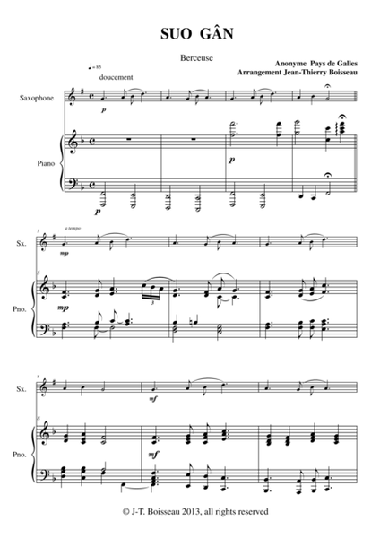 Traditional Welsh Lullaby: Suo Gân,, arranged for Bb soprano or tenor saxophone and piano by Jean-Th