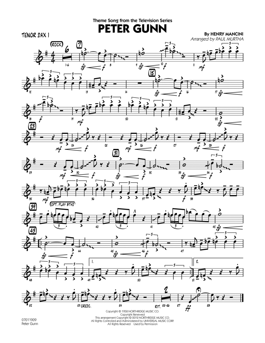 Peter Gunn - Tenor Sax 1 Peter Gunn - Tenor Sax 1 Jazz Ensemble scores gallery preview page 1