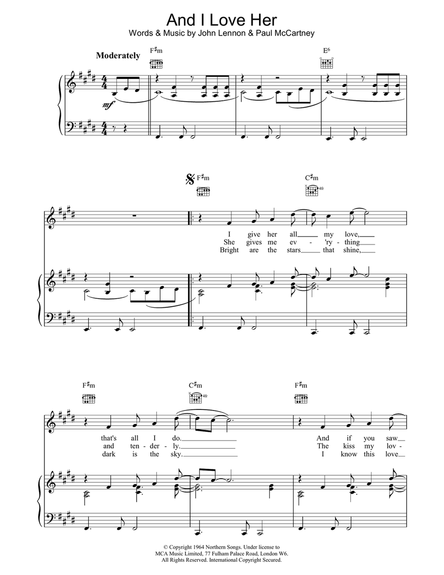 And I Love Her Piano, Vocal, Guitar scores gallery preview page 1