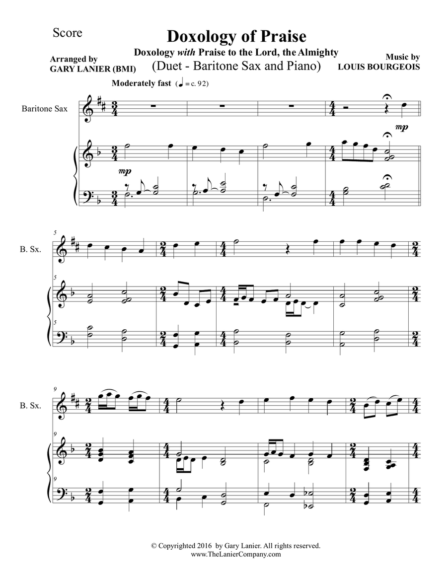 DOXOLOGY of PRAISE (Duet – Baritone Sax & Piano with Parts) Woodwind Duet scores gallery preview page 2
