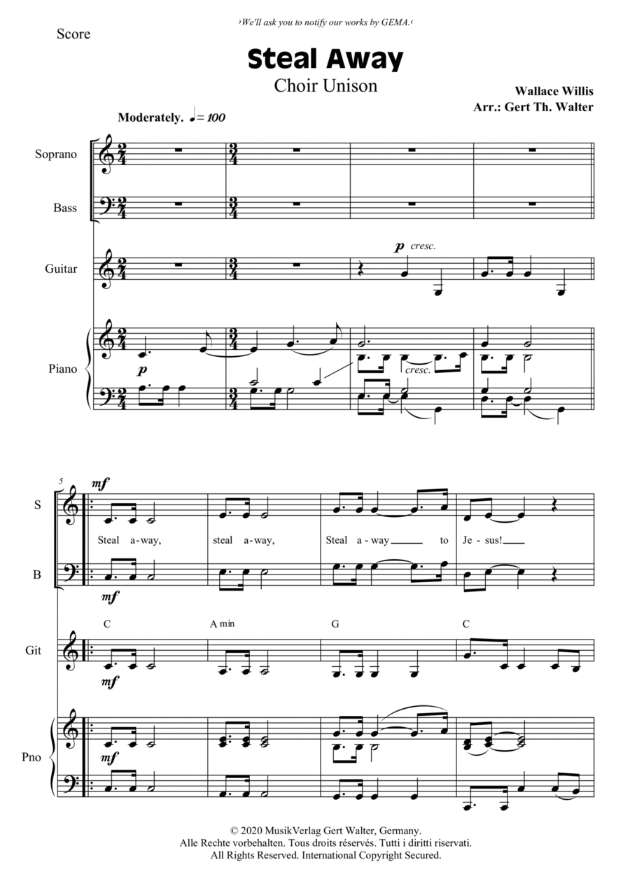 Steal Away Steal Away Unison Choir scores gallery preview page 1