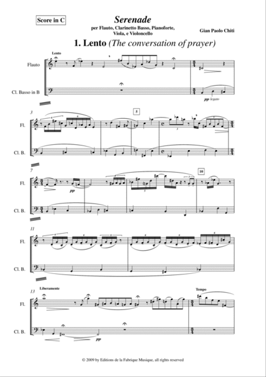 Gian Paolo Chiti: Serenade for Flute, bass clarinet, viola, violoncello and piano Small Ensemble scores gallery preview page 2