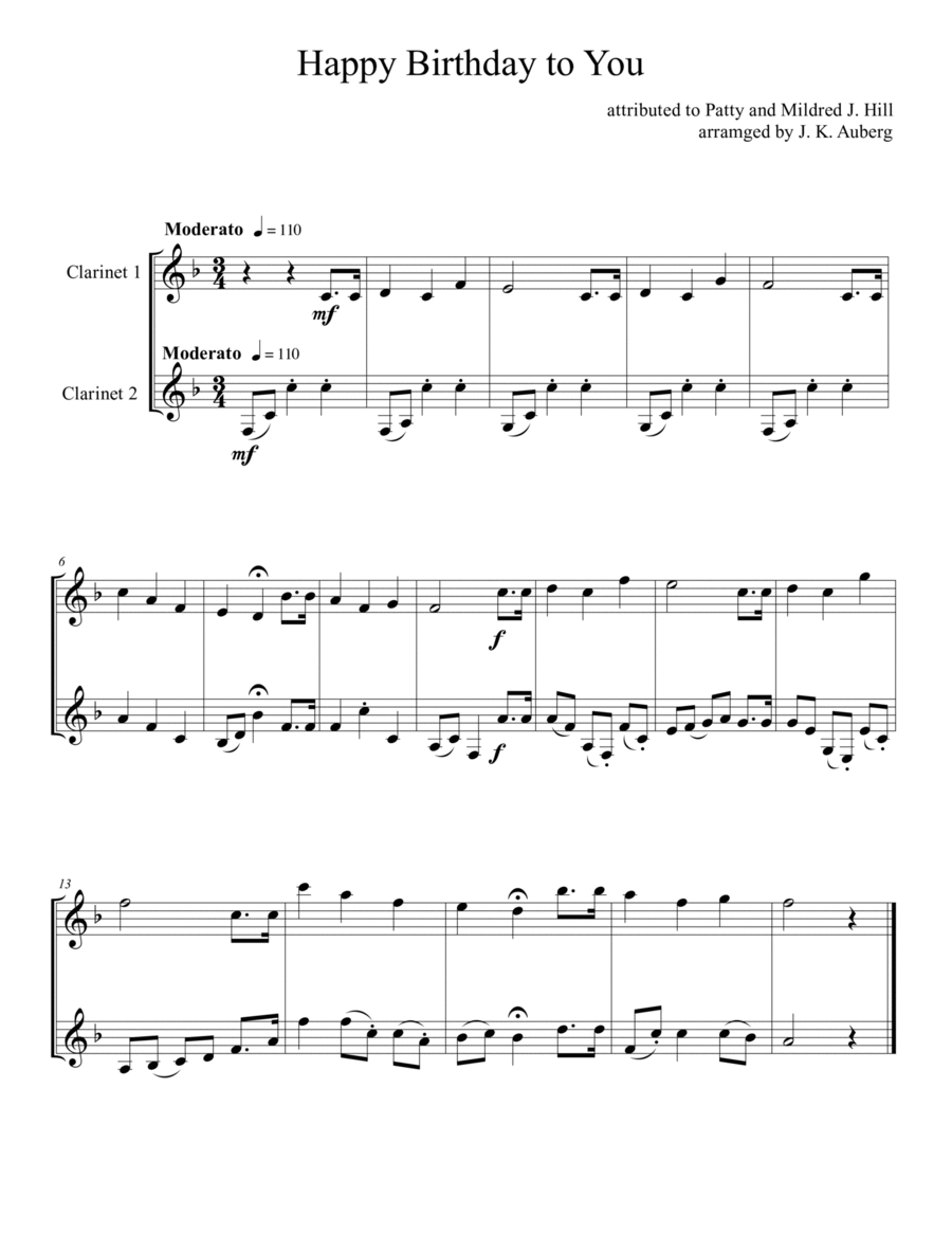Happy Birthday to you Clarinet Duet scores gallery preview page 1