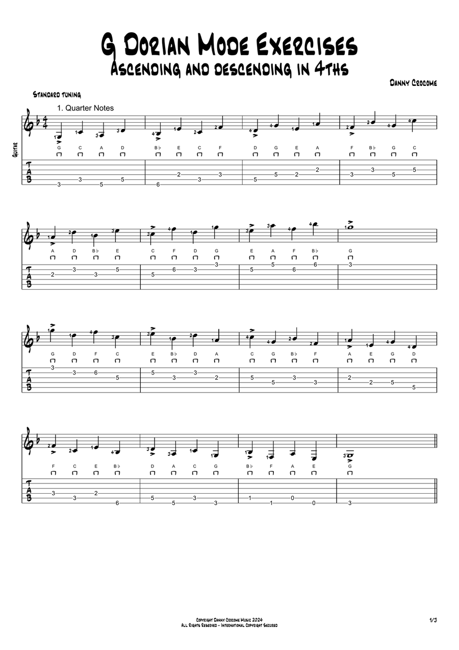 G Dorian Mode Exercises - Ascending and Descending in 4ths Acoustic Guitar scores gallery preview page 1