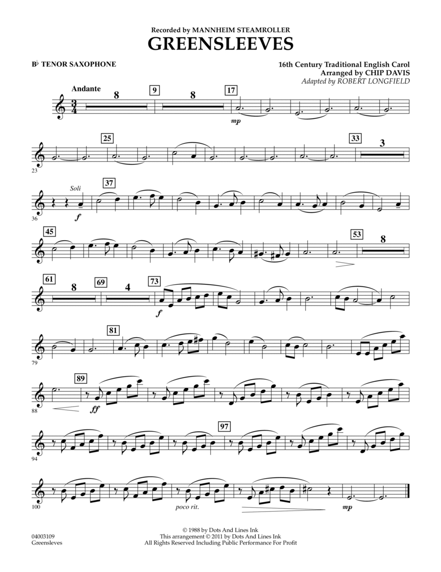 Greensleeves - Bb Tenor Saxophone Concert Band scores gallery preview page 1
