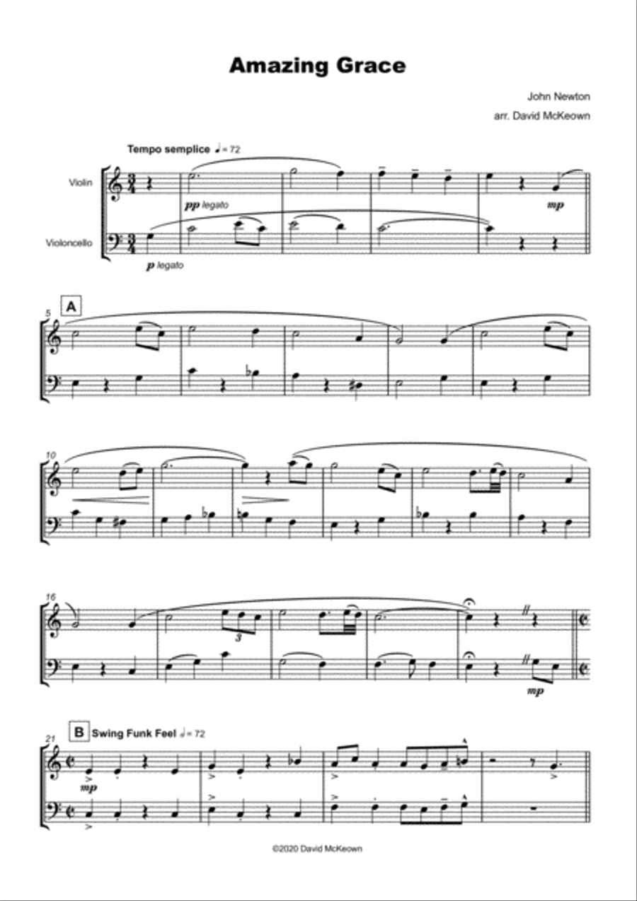 Amazing Grace, Gospel style for Violin and Cello Duet String Duet scores gallery preview page 2