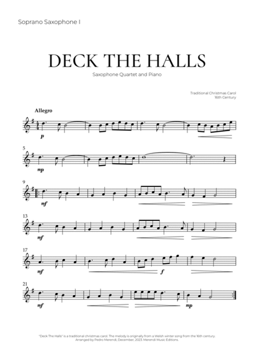 Deck The Halls (Saxophone Quartet and Piano) - Christmas Carol image number null