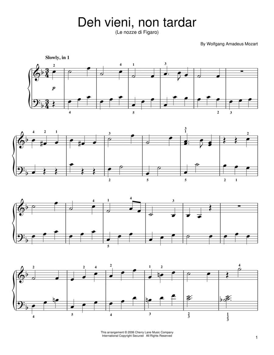 Deh Vieni, Non Tardar Easy Piano scores gallery preview page 1