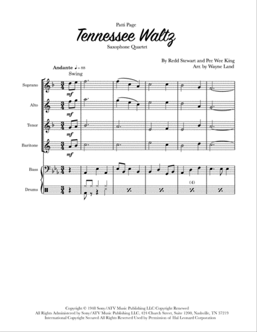 Tennessee Waltz Tennessee Waltz Saxophone Quartet scores gallery preview page 1