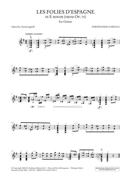 Les Folies d’Espagne in E minor (from Op. 75) for Guitar