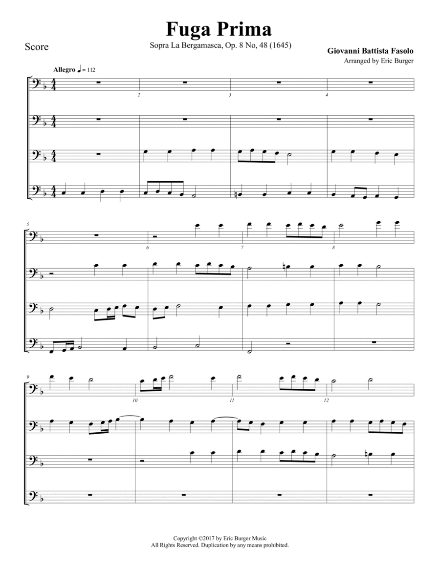 Fuga Prima for Trombone or Low Brass Quartet Brass Quartet scores gallery preview page 1