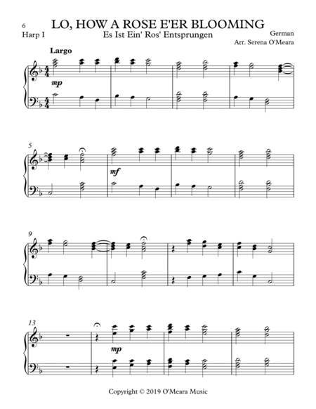 LO, HOW A ROSE E'ER BLOOMING, Harp I by Serena O'Meara Celtic Harp - Digital Sheet Music