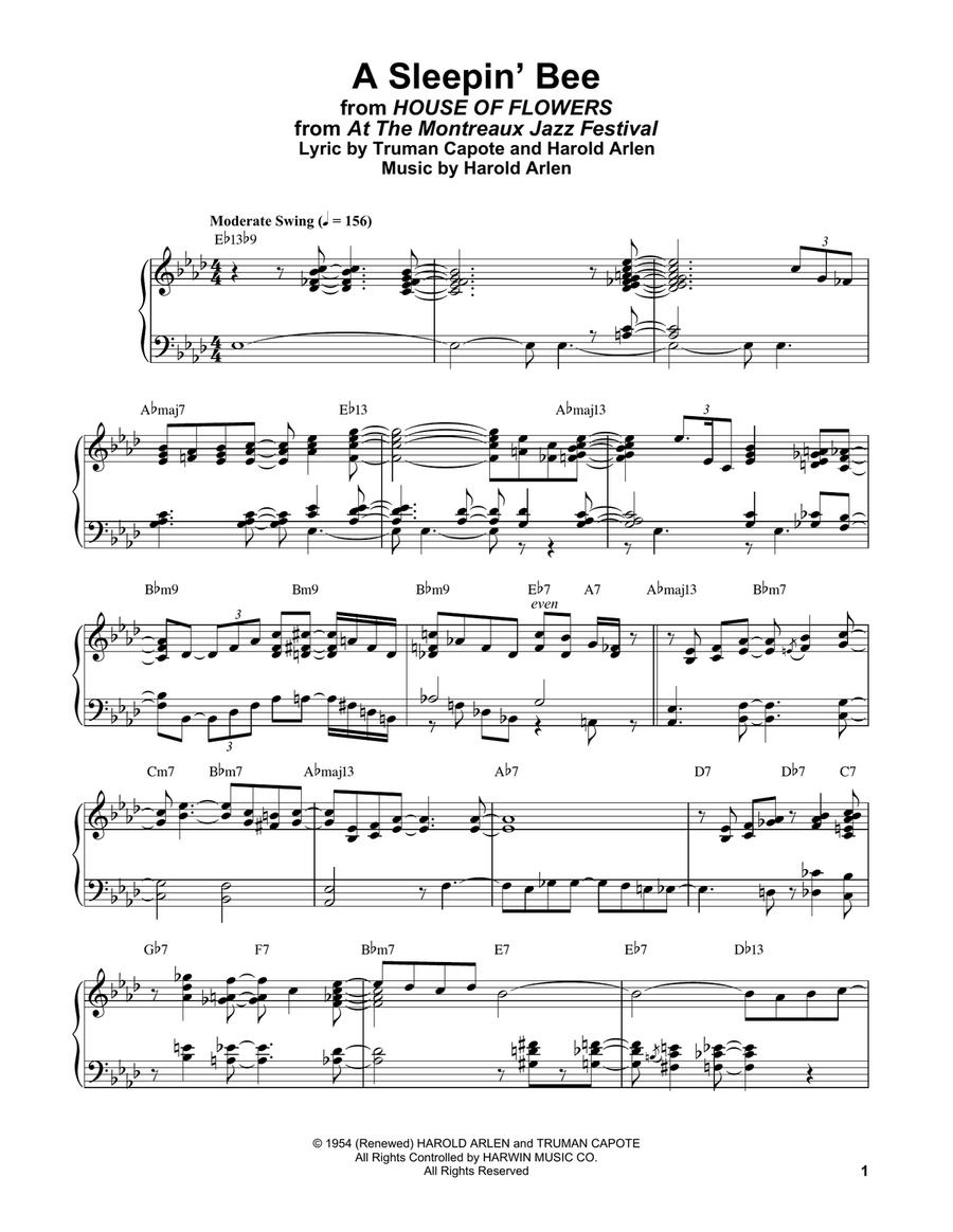 A Sleepin' Bee (from House Of Flowers) Piano Solo scores gallery preview page 1