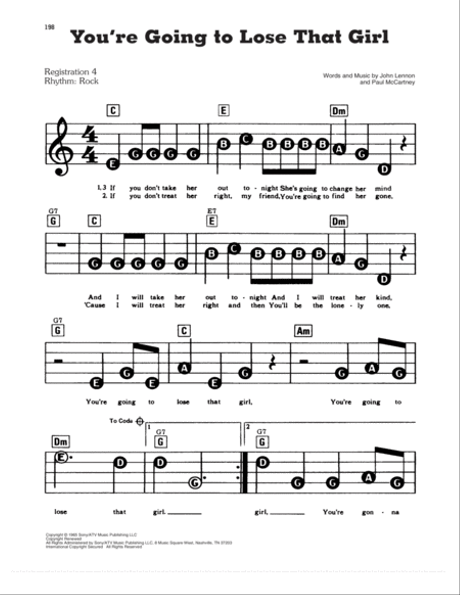 You're Going To Lose That Girl Electronic Keyboard scores gallery preview page 1
