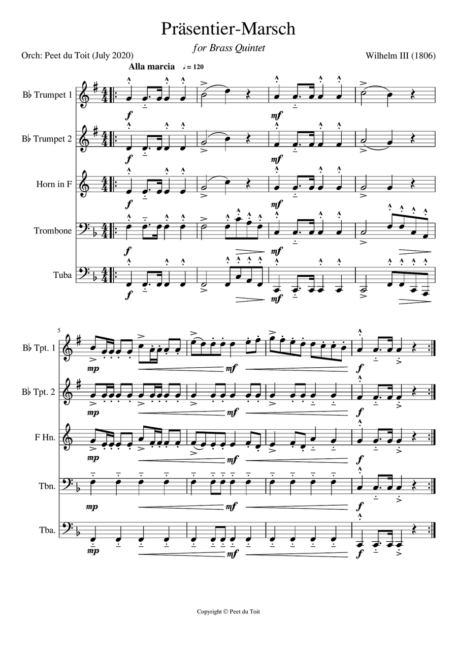 Präsentier-Marsch / Prussian Inspection March - WIllhelm III (Brass Quintet) Brass Quintet scores gallery preview page 1