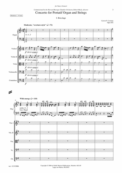 Carson Cooman: Concerto for Portatif Organ and Strings (2006), score and complete parts