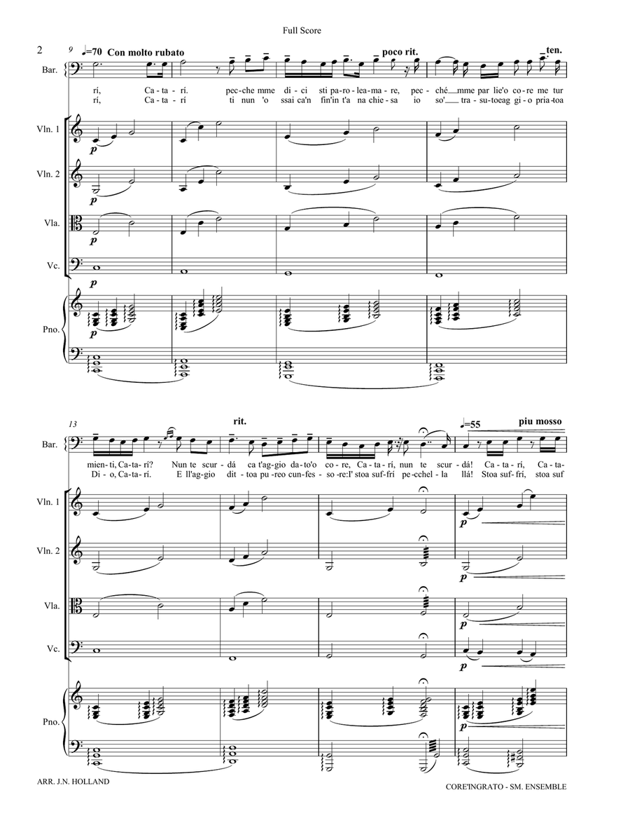 Core ngrato Neapolitan Song Arranged for Baritone and Ensemble in the key of C Small Ensemble scores gallery preview page 6