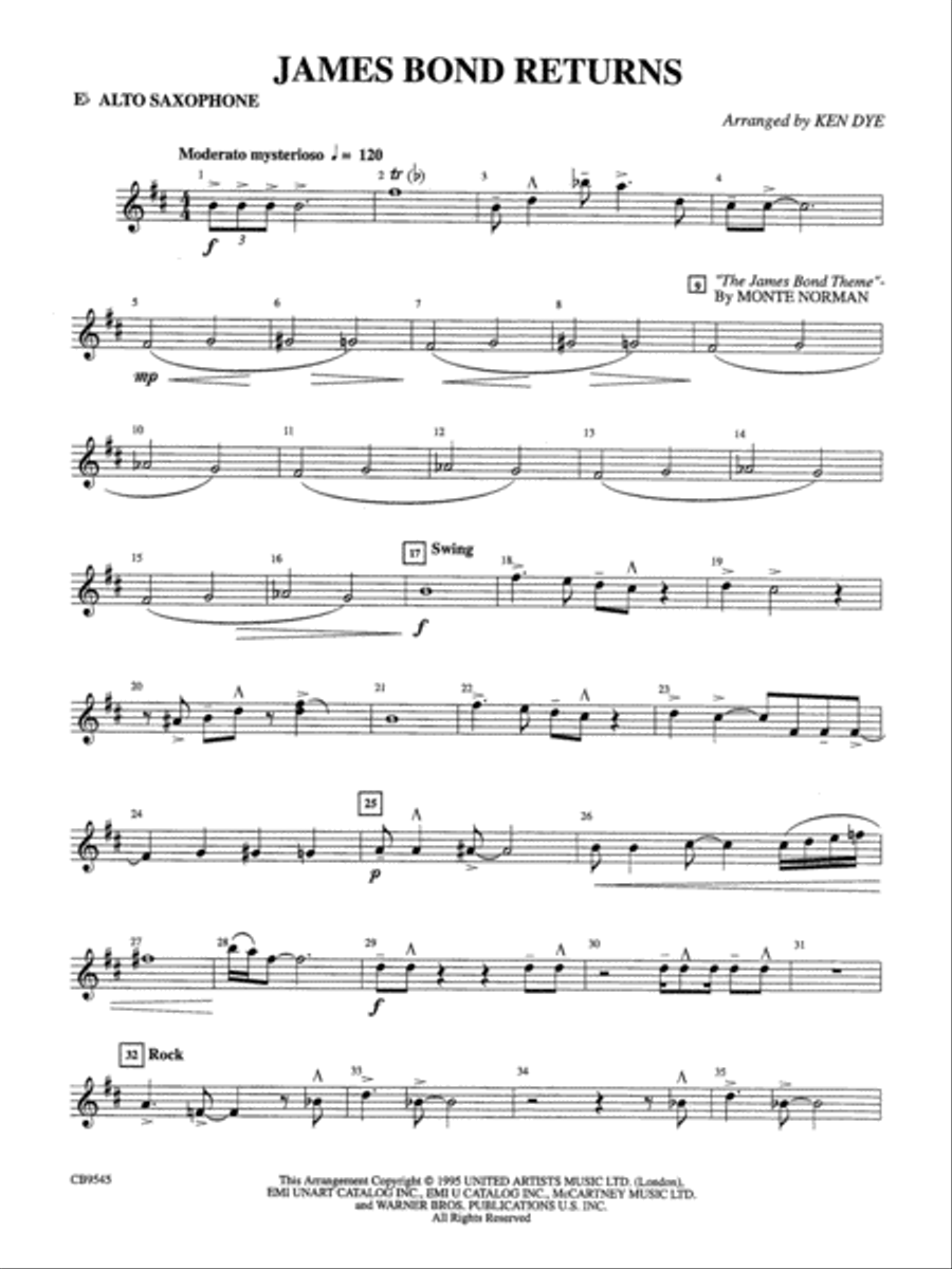 James Bond Returns: E-flat Alto Saxophone Concert Band scores gallery preview page 1