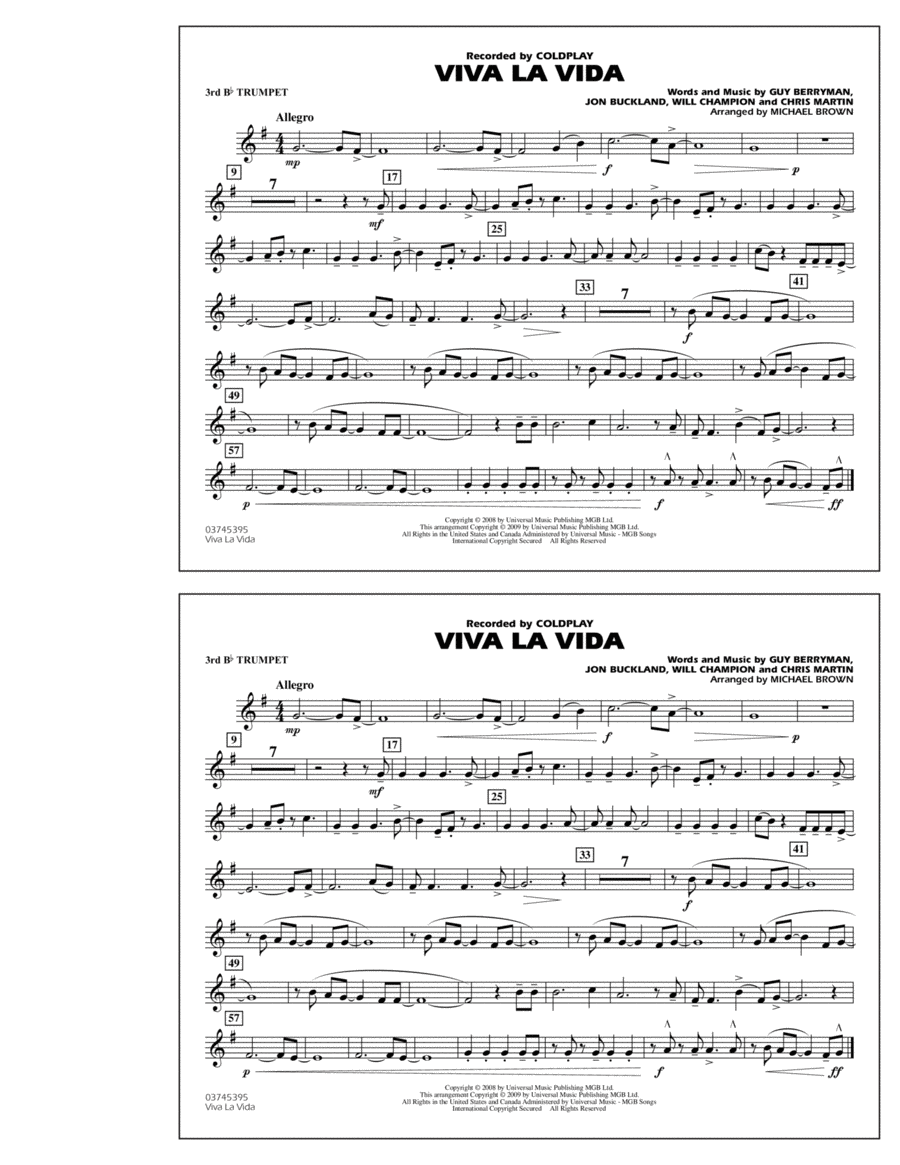 Viva La Vida - 3rd Bb Trumpet Marching Band scores gallery preview page 1