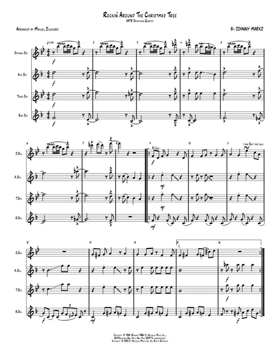 Rockin' Around The Christmas Tree Saxophone Quartet scores gallery preview page 1