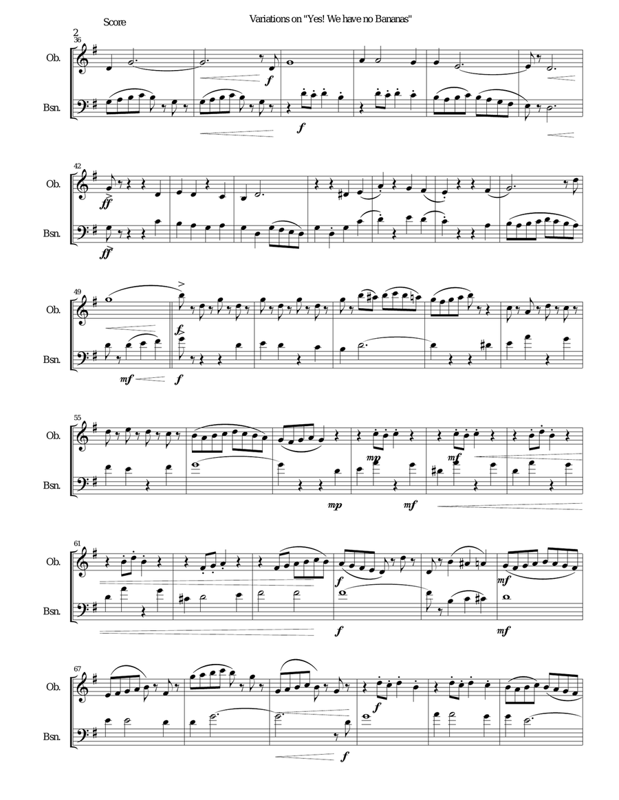Variations on Yes We Have No Bananas for oboe and bassoon Woodwind Duet scores gallery preview page 2