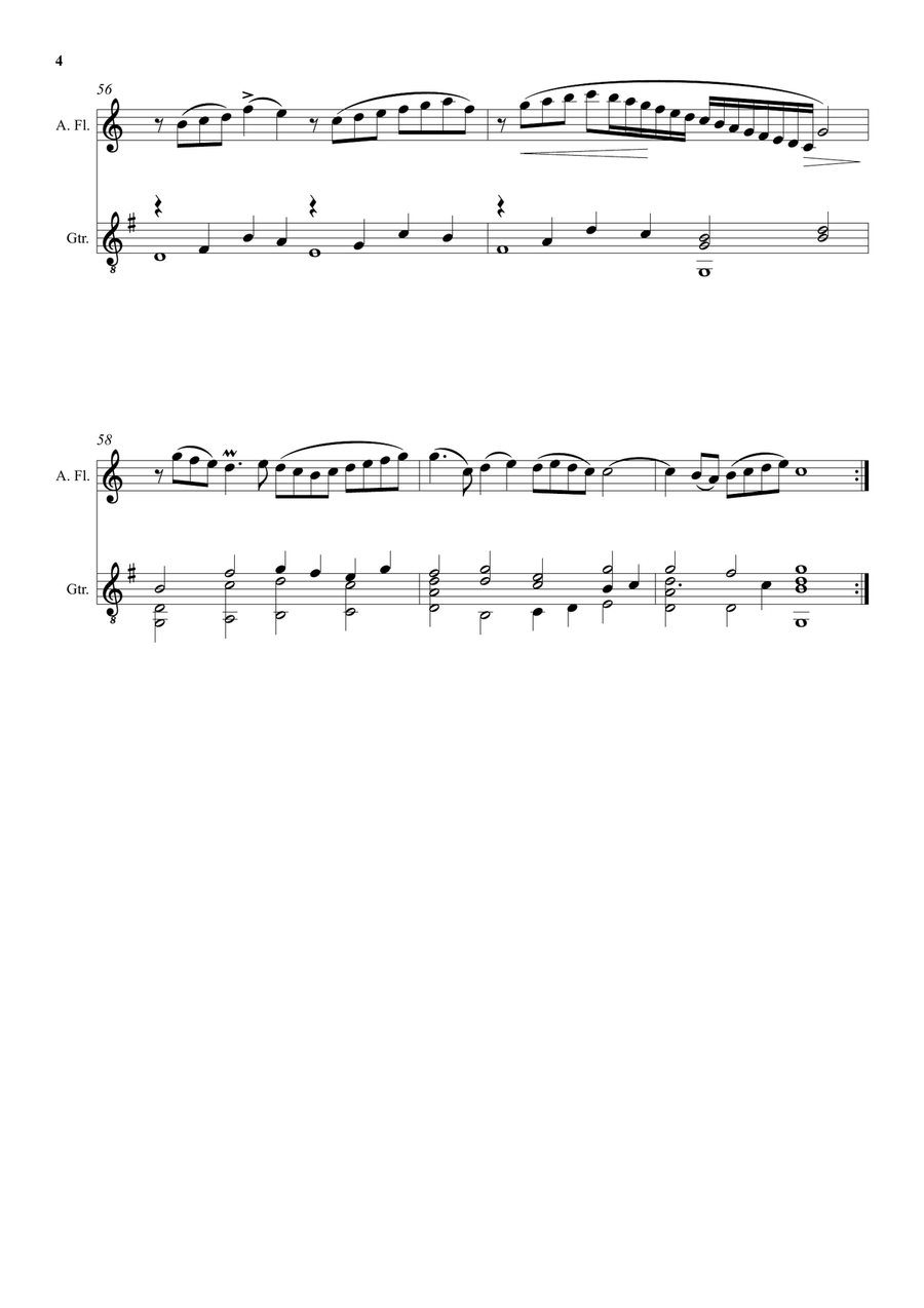 Come again sweet love doth now invite (John Dowland) arranged for alto flute and guitar Flute scores gallery preview page 4