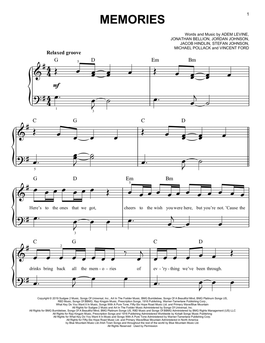 Memories Easy Piano scores gallery preview page 1