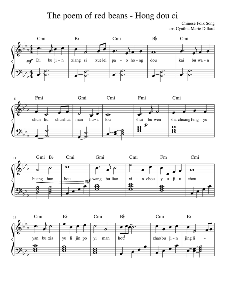 Chinese Folk Song: Hong Dou Ci (The poem of red beans) Piano, Vocal scores gallery preview page 1