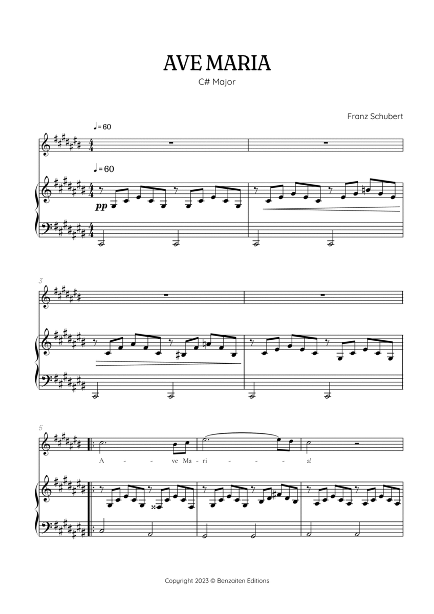 Schubert Ave Maria in C Sharp Major [ C# ] • soprano sheet music with easy piano accompaniment image number null