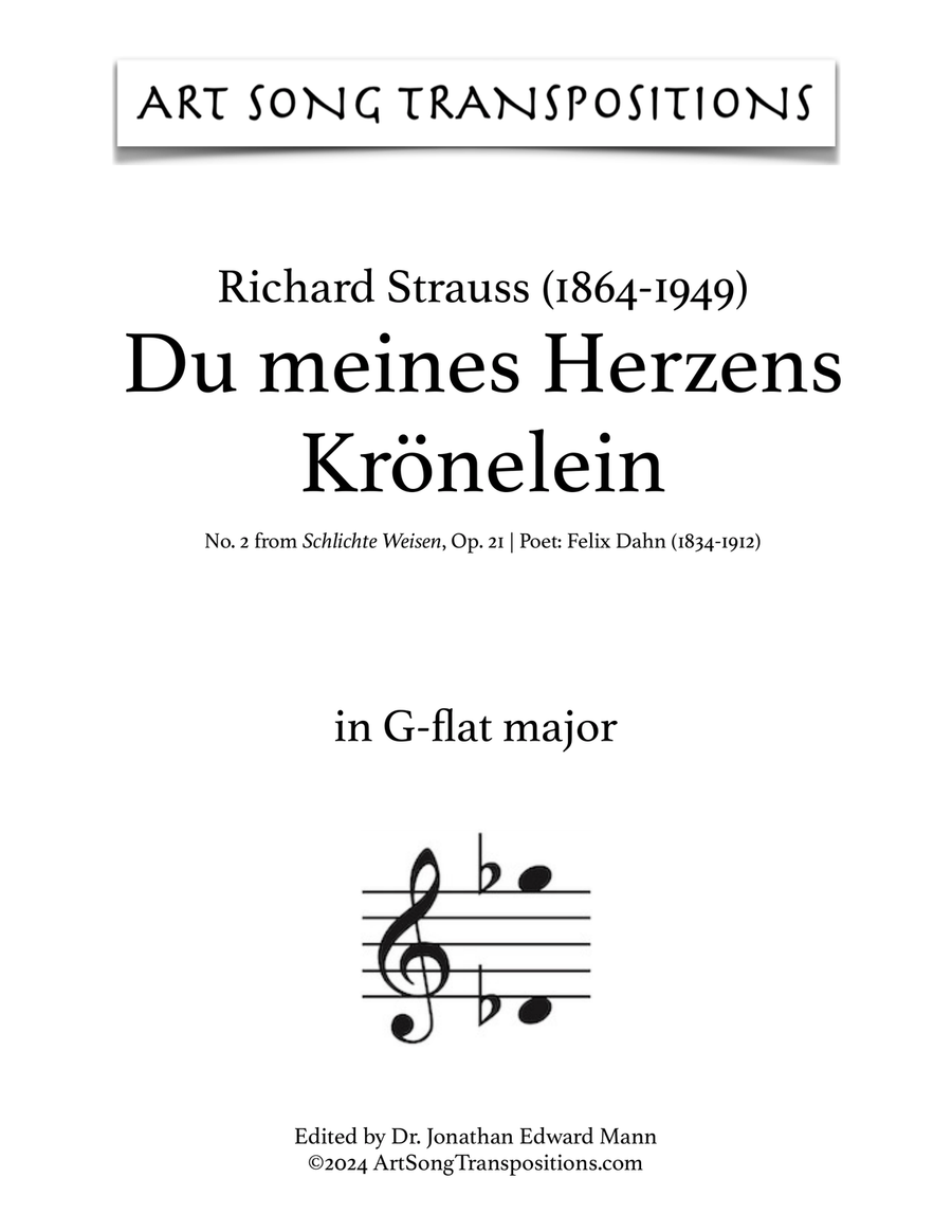 STRAUSS: Du meines Herzens Krönelein, Op. 21 no. 2 (transposed to G-flat major) Voice scores gallery preview page 1
