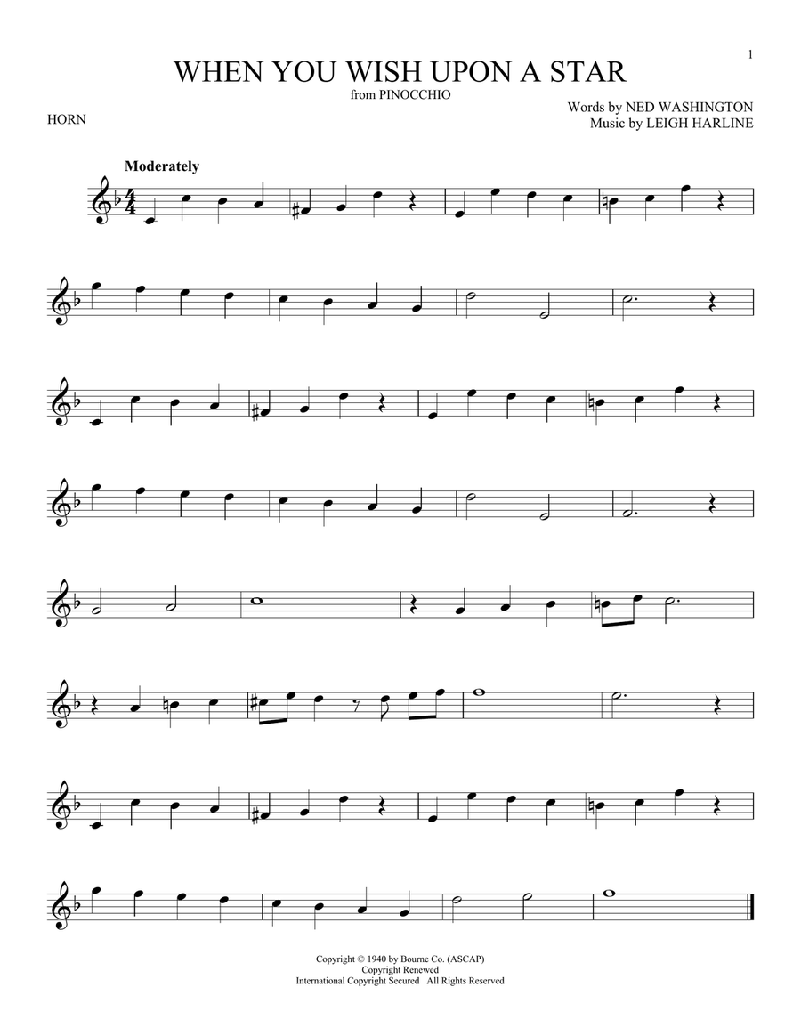 When You Wish Upon A Star (from Pinocchio) Horn Solo scores gallery preview page 1