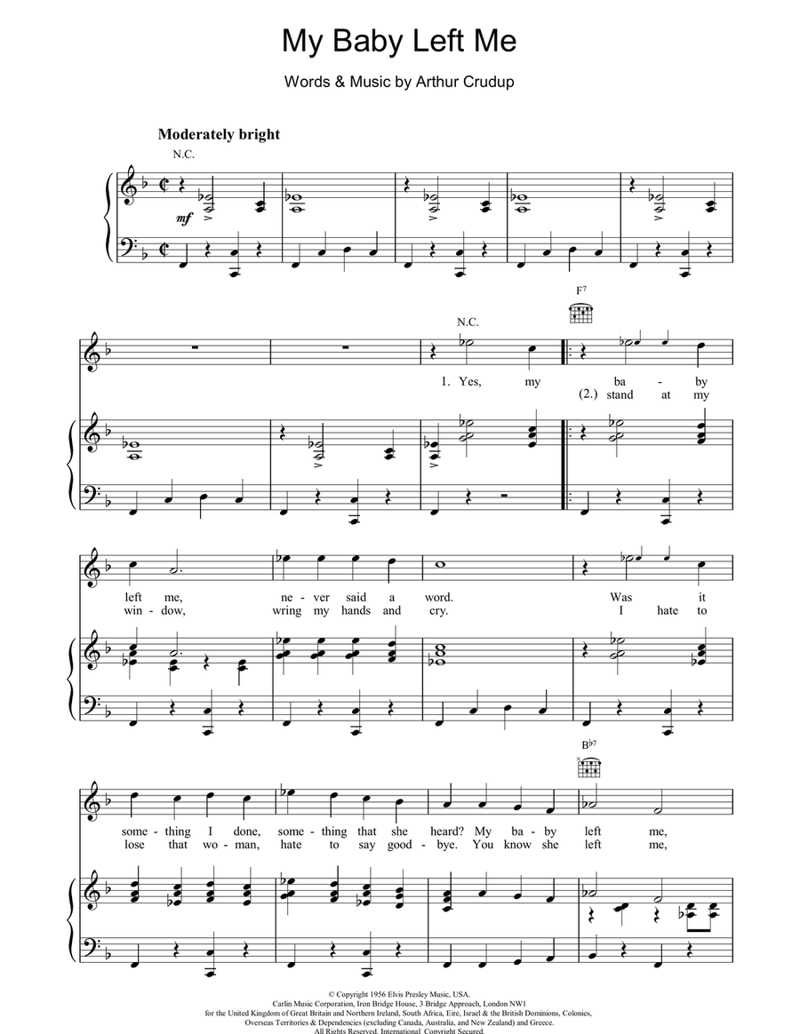 My Baby Left Me Piano, Vocal, Guitar scores gallery preview page 1