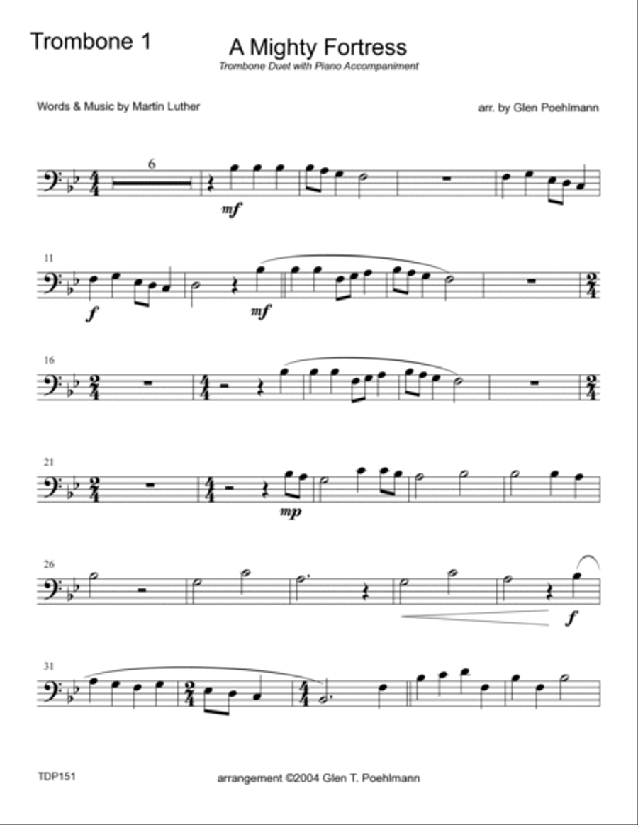 A MIGHTY FORTRESS - TROMBONE DUET with Piano Accompaniment (Grade 2-) Trombone Duet scores gallery preview page 5