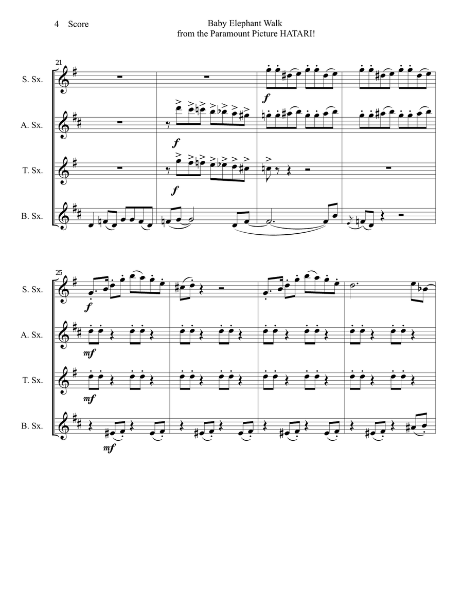 Baby Elephant Walk from the Paramount Picture HATARI! Saxophone Quartet scores gallery preview page 5