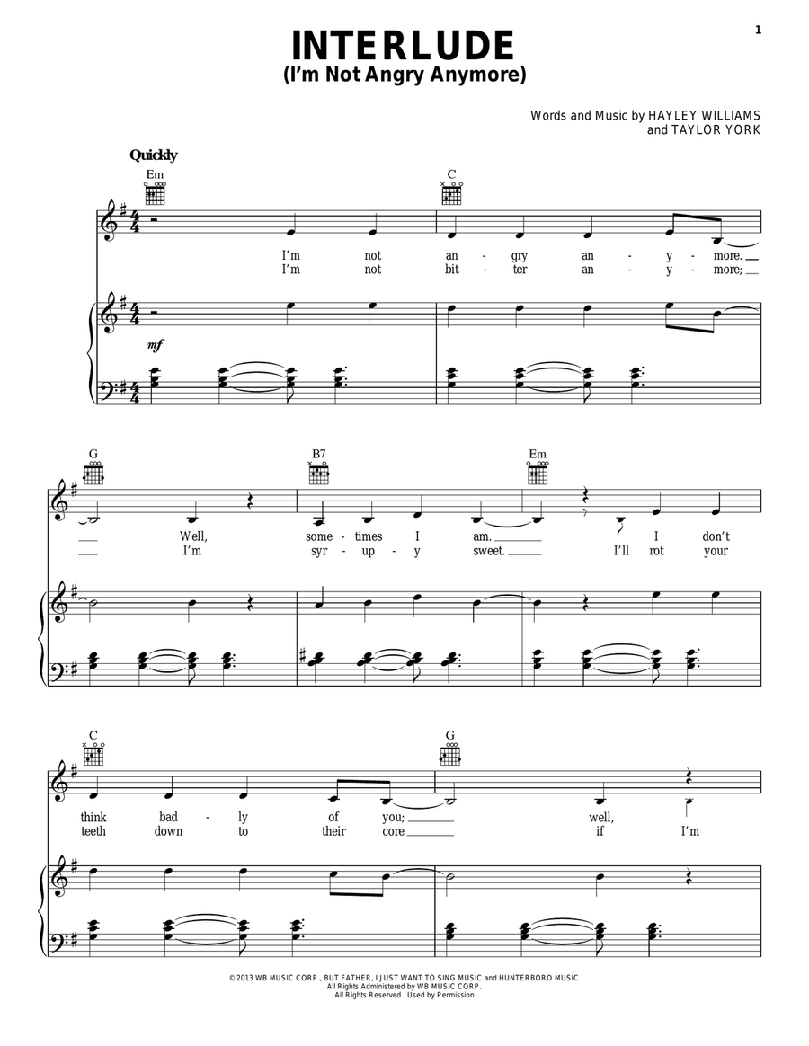 Interlude (I'm Not Angry Anymore) Piano, Vocal, Guitar scores gallery preview page 1