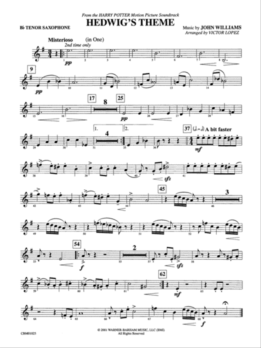 Hedwig's Theme (from Harry Potter): B-flat Tenor Saxophone Concert Band scores gallery preview page 1
