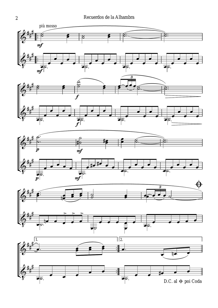Recuerdos de la Alhambra (A Minor) for violin and guitar String Duet scores gallery preview page 3
