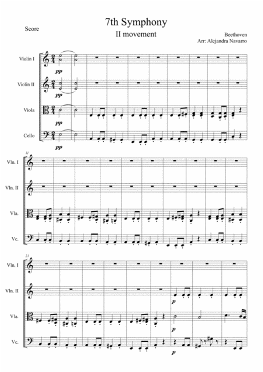 Beethoven 7th Mov.2 Beethoven 7th Mov.2 String Quartet scores gallery preview page 1