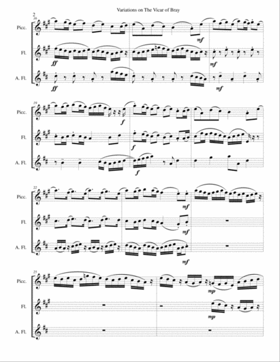 Variations on the Vicar of Bray for flute trio (piccolo, flute and alto flute) Flute Trio scores gallery preview page 2