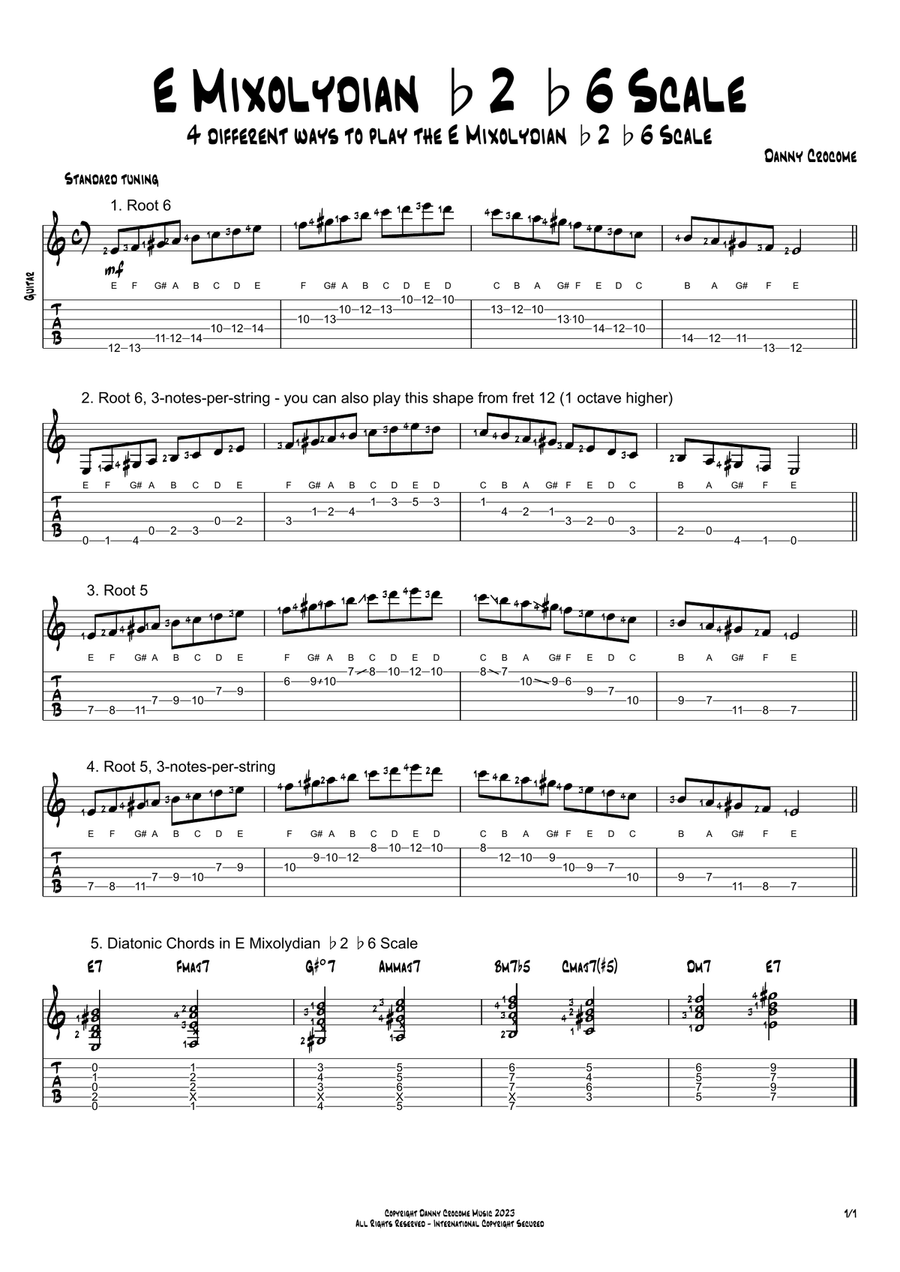 E Mixolydian b2 b6 Scale (4 Ways to Play) Electric Guitar scores gallery preview page 1