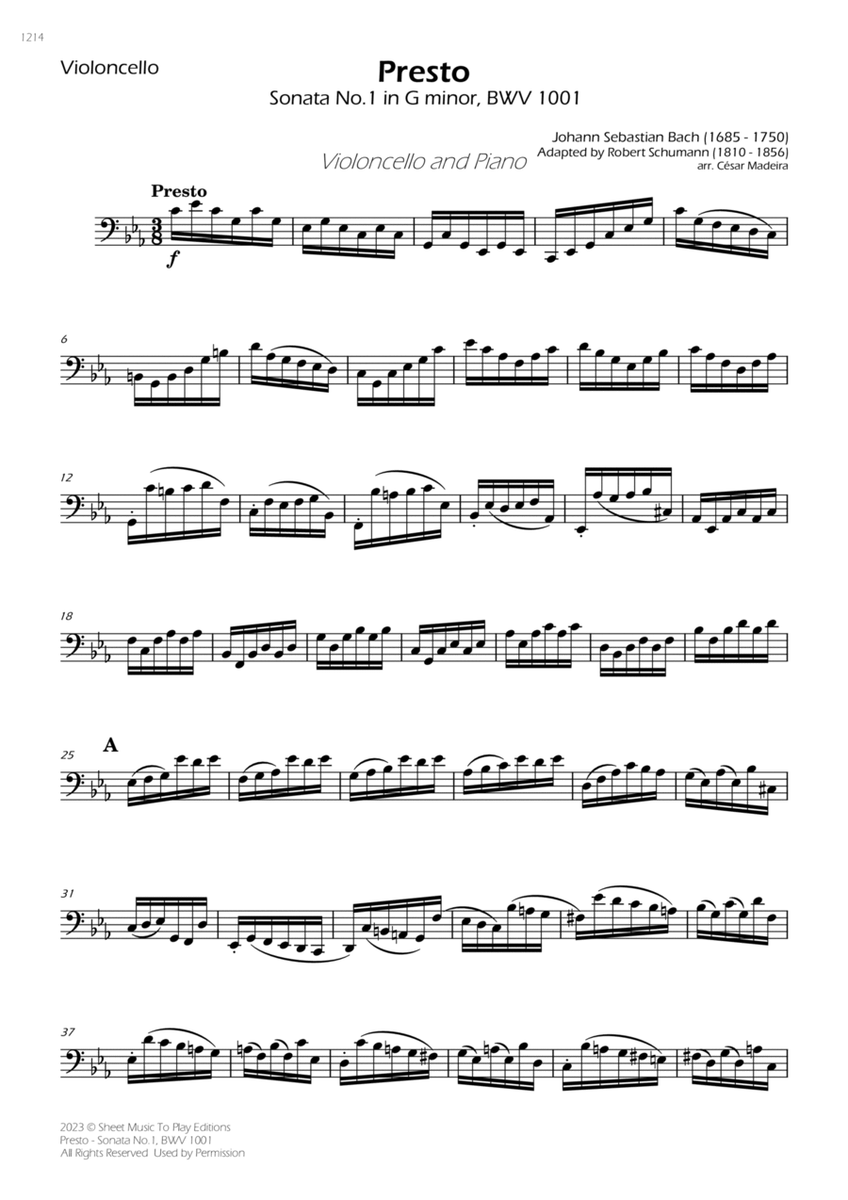 Presto from Sonata No.1, BWV 1001 - Cello and Piano (Individual Parts) image number null