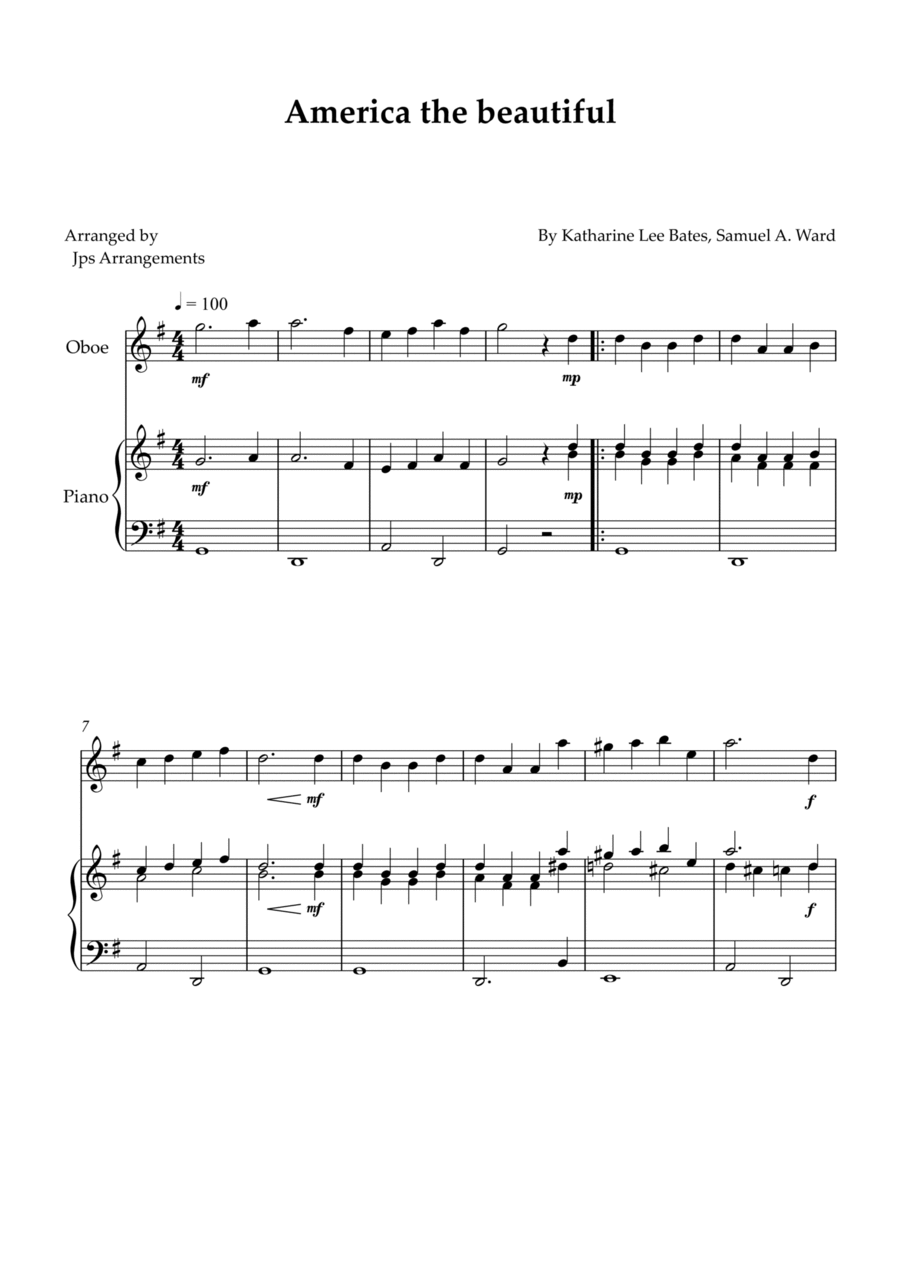 America The Beautiful - Oboe solo and piano Piano scores gallery preview page 1
