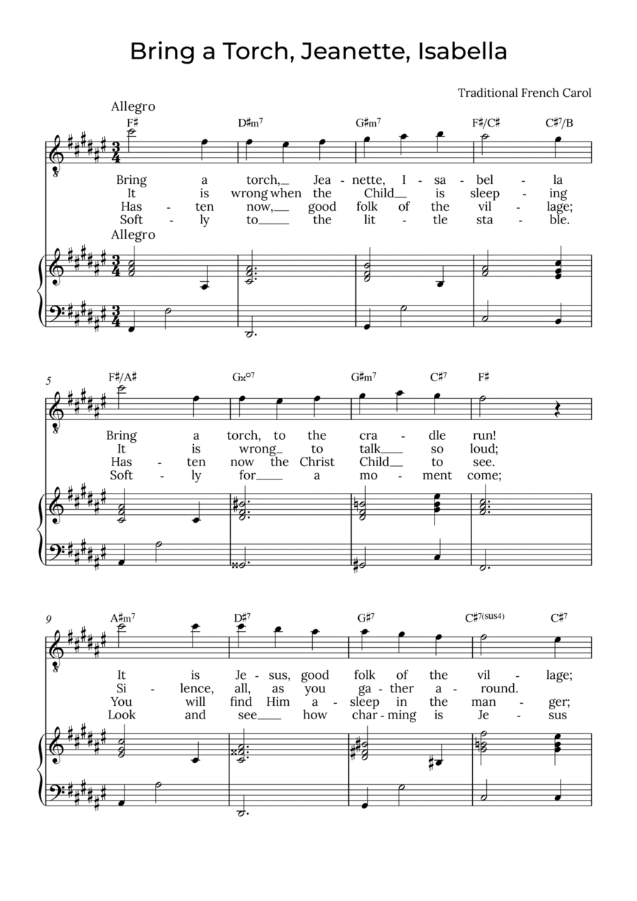 Bring a Torch, Isabella - Tenor with chords in F#, Jeanette Tenor Voice scores gallery preview page 1