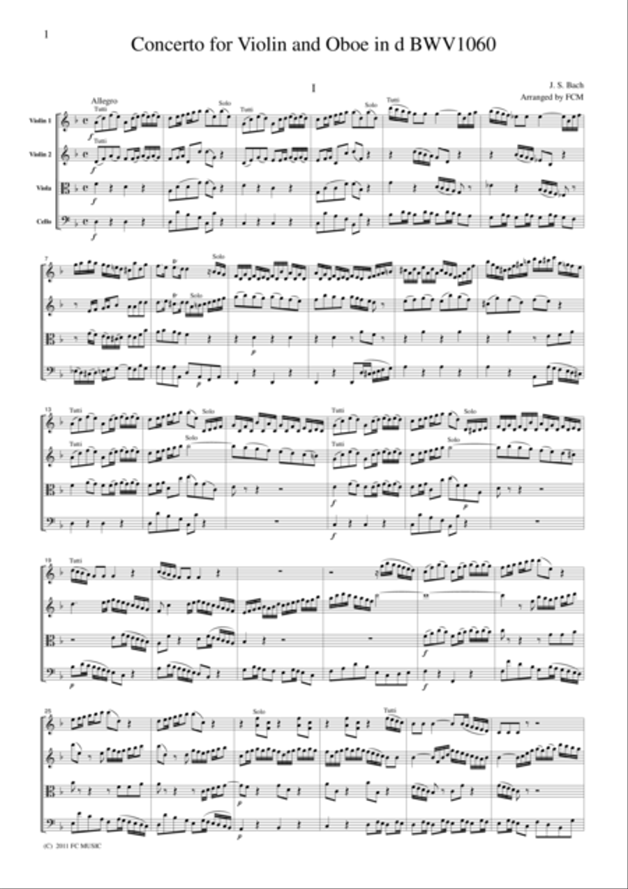 J.S.Bach Concerto for Violin and Oboe in d BWV1060, for string quartet, CB225 String Quartet scores gallery preview page 1